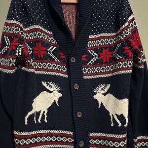Club Room Navy Cardigan with Red and White Moose Design